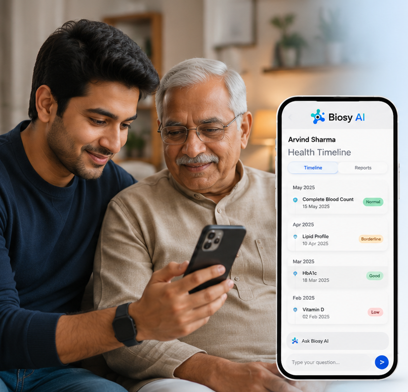 A man showing the Biosy AI app's health timeline to his father on a phone
